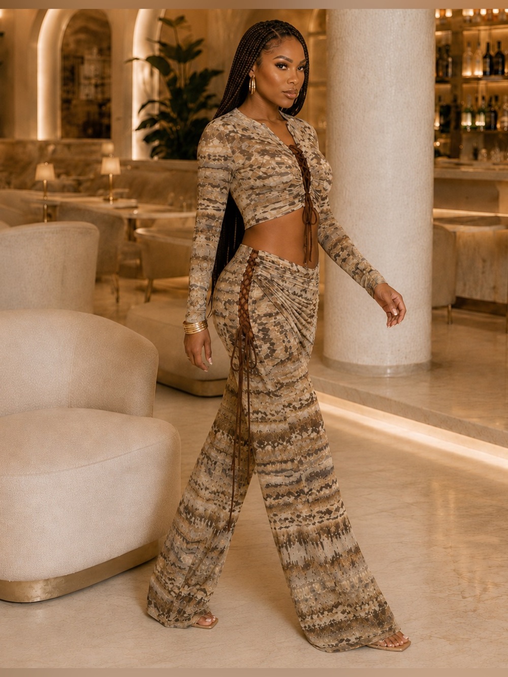 Fashion Nova Abstract Print Mesh Lace-Up Wide-Leg 2-Piece Set M